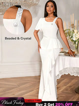 AOMEIDRESS White Maxi One Shoulder Beading Ruffles Bridal Shower Dress White / S