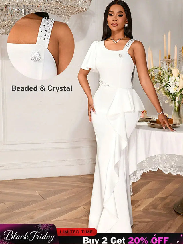 AOMEIDRESS White Maxi One Shoulder Beading Ruffles Bridal Shower Dress White / S