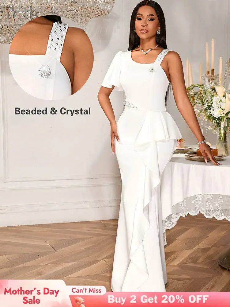 AOMEIDRESS White Maxi One Shoulder Beading Ruffles Bridal Shower Dress White / S
