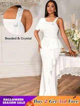 AOMEIDRESS White Maxi One Shoulder Beading Ruffles Bridal Shower Dress White / S