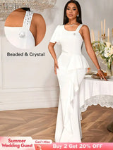 AOMEIDRESS White Maxi One Shoulder Beading Ruffles Bridal Shower Dress White / S