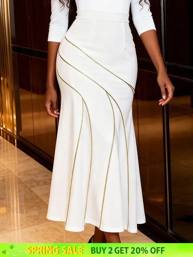 AOMEIDRESS White Mermaid Skirt Gold Trim Elegant Slim Party Outfit White / S
