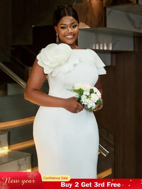 Elegant White Wedding Guest Dress For Women 3D Flower One Shoulder Slim Fit Long Dresses Banquet Prom Birthday Gowns Plus Size

