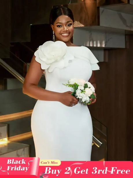 Elegant White Wedding Guest Dress For Women 3D Flower One Shoulder Slim Fit Long Dresses Banquet Prom Birthday Gowns Plus Size

