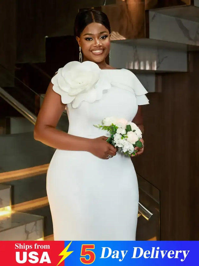 Elegant White Wedding Guest Dress For Women 3D Flower One Shoulder Slim Fit Long Dresses Banquet Prom Birthday Gowns Plus Size

