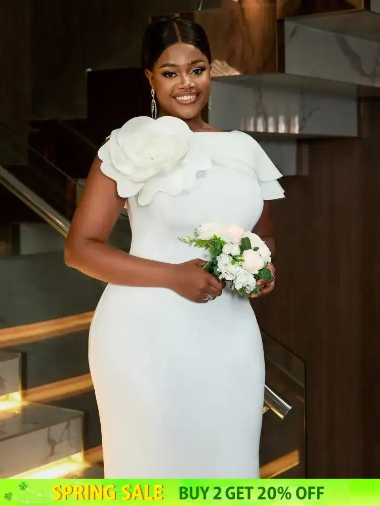 Elegant White Wedding Guest Dress For Women 3D Flower One Shoulder Slim Fit Long Dresses Banquet Prom Birthday Gowns Plus Size

