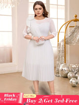 AOMEIDRESS White O Neck Mesh Patchwork Ruffles A Line Pleated Dress White / S