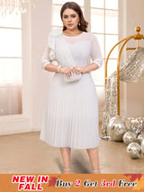 AOMEIDRESS White O Neck Mesh Patchwork Ruffles A Line Pleated Dress White / S