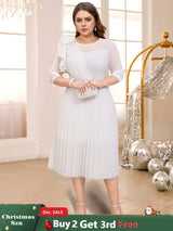 AOMEIDRESS White O Neck Mesh Patchwork Ruffles A Line Pleated Dress White / S