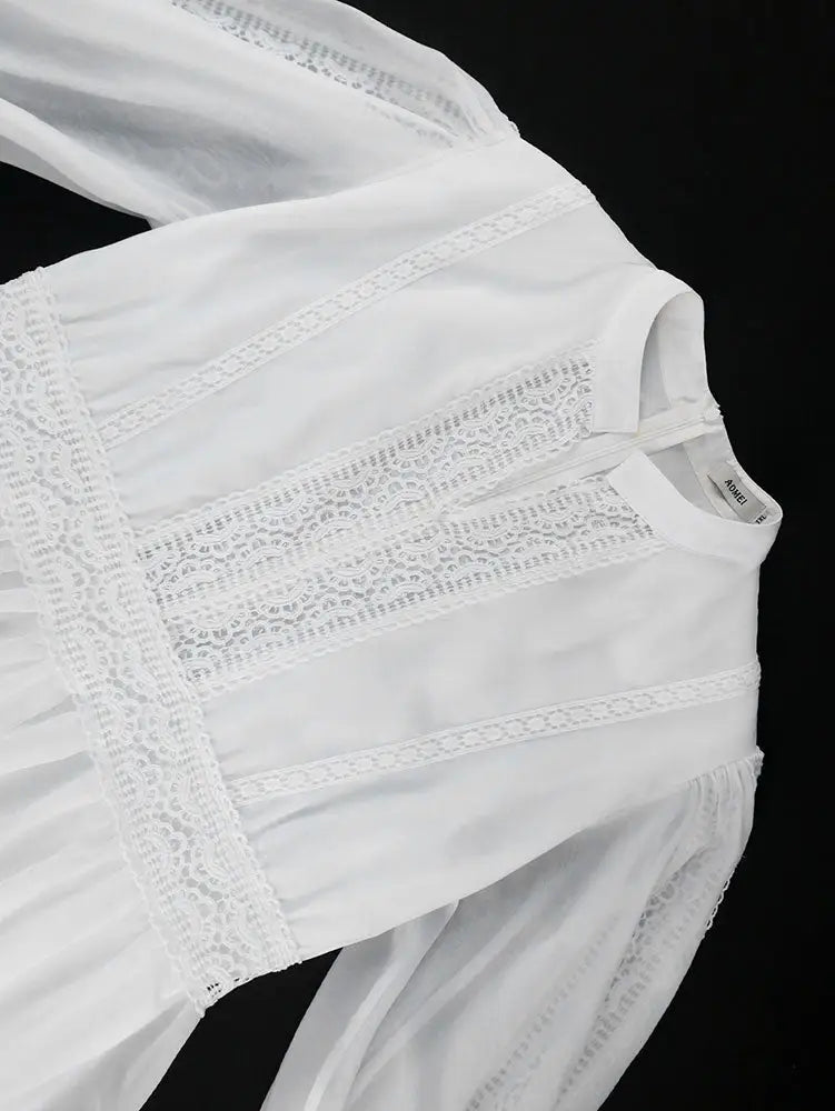 AOMEIDRESS White Organza Lace A Line Wedding Guests Dress Puff Sleeve