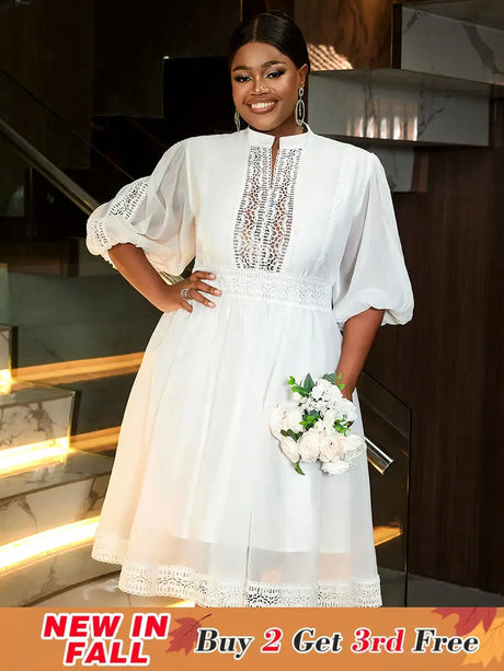 AOMEIDRESS White Organza Lace A Line Wedding Guests Dress Puff Sleeve White / S