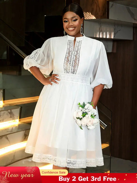 AOMEIDRESS White Organza Lace A Line Wedding Guests Dress Puff Sleeve White / S