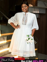 AOMEIDRESS White Organza Lace A Line Wedding Guests Dress Puff Sleeve White / S