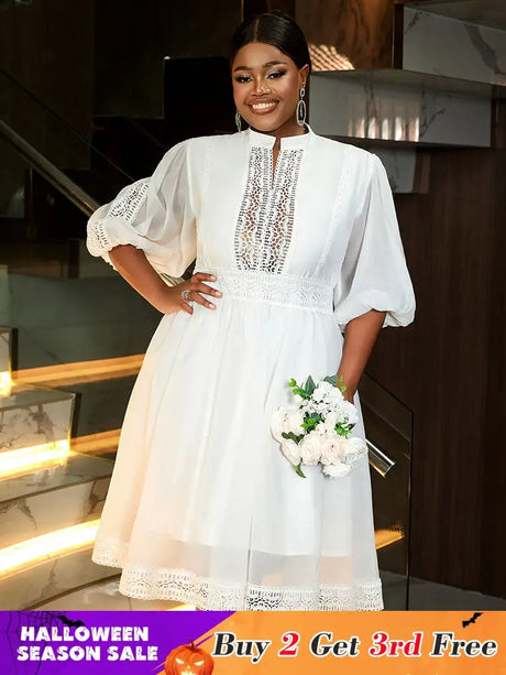 AOMEIDRESS White Organza Lace A Line Wedding Guests Dress Puff Sleeve White / S