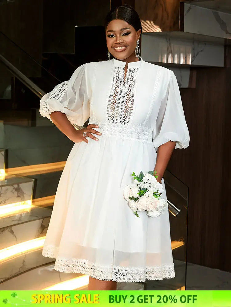 AOMEIDRESS White Organza Lace A Line Wedding Guests Dress Puff Sleeve White / S