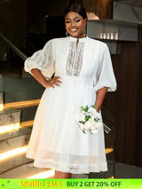 AOMEIDRESS White Organza Lace A Line Wedding Guests Dress Puff Sleeve White / S