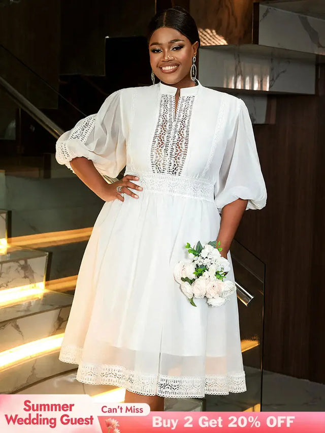 AOMEIDRESS White Organza Lace A Line Wedding Guests Dress Puff Sleeve White / S