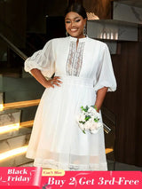 AOMEIDRESS White Organza Lace A Line Wedding Guests Dress Puff Sleeve White / S