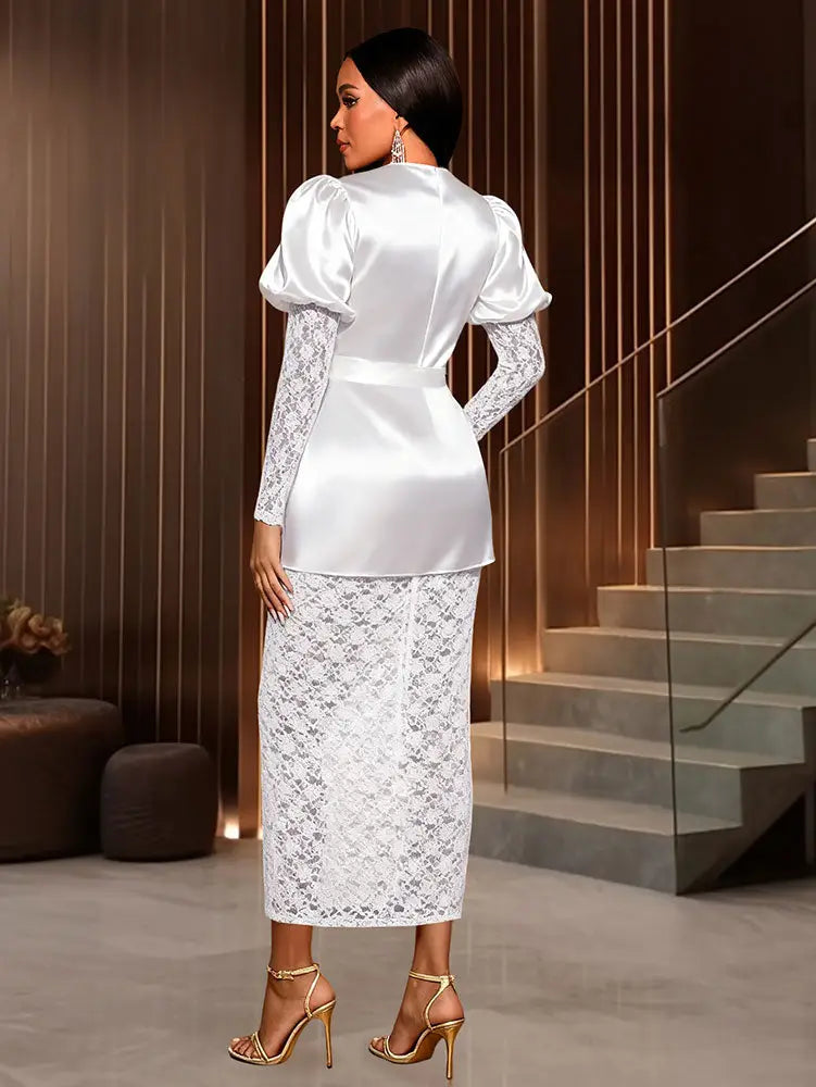 AOMEIDRESS White Satin Patchwork Lace Dress Long Sleeve Slim Gowns