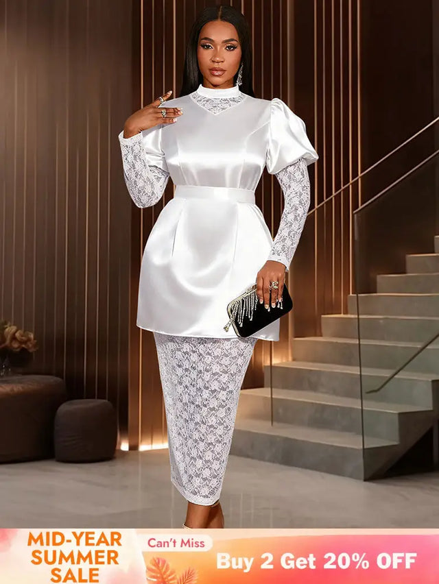 AOMEIDRESS White Satin Patchwork Lace Dress Long Sleeve Slim Gowns White / S