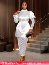 AOMEIDRESS White Satin Patchwork Lace Dress Long Sleeve Slim Gowns White / S