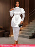 AOMEIDRESS White Satin Patchwork Lace Dress Long Sleeve Slim Gowns White / S