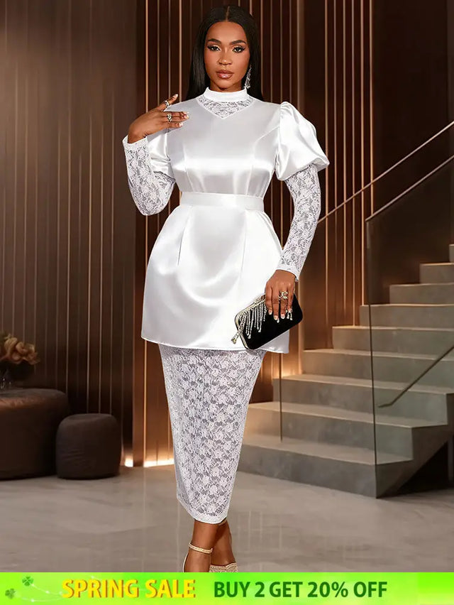 AOMEIDRESS White Satin Patchwork Lace Dress Long Sleeve Slim Gowns White / S