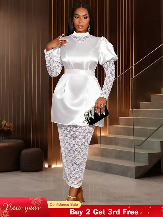 AOMEIDRESS White Satin Patchwork Lace Dress Long Sleeve Slim Gowns White / S