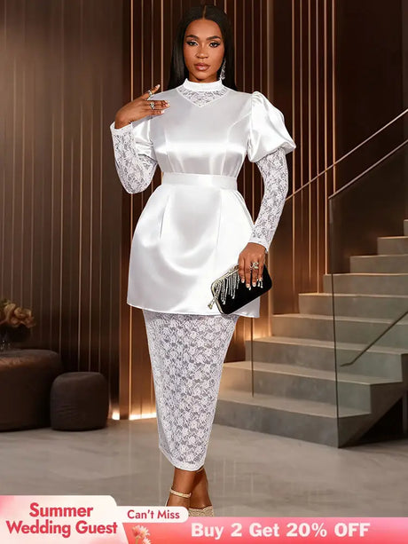 AOMEIDRESS White Satin Patchwork Lace Dress Long Sleeve Slim Gowns White / S
