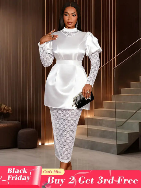 AOMEIDRESS White Satin Patchwork Lace Dress Long Sleeve Slim Gowns White / S