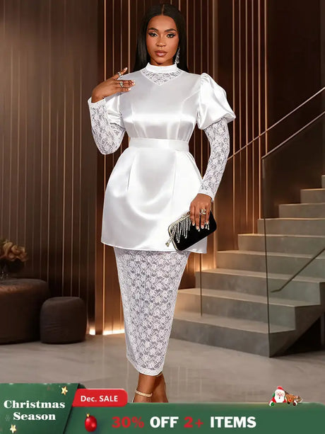 AOMEIDRESS White Satin Patchwork Lace Dress Long Sleeve Slim Gowns White / S