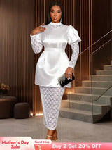 AOMEIDRESS White Satin Patchwork Lace Dress Long Sleeve Slim Gowns White / S