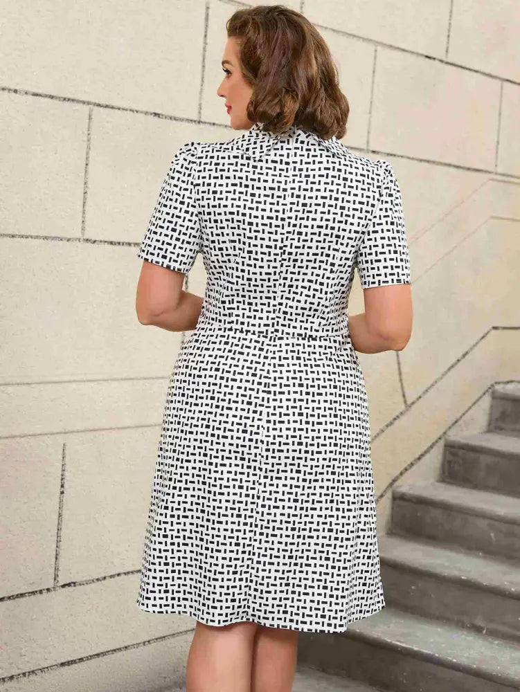 AOMEIDRESS White Short Sleeve A Line Mini Dress with Tie Neck Printed Dresses