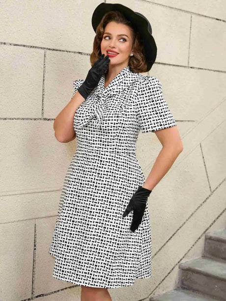 AOMEIDRESS White Short Sleeve A Line Mini Dress with Tie Neck Printed Dresses