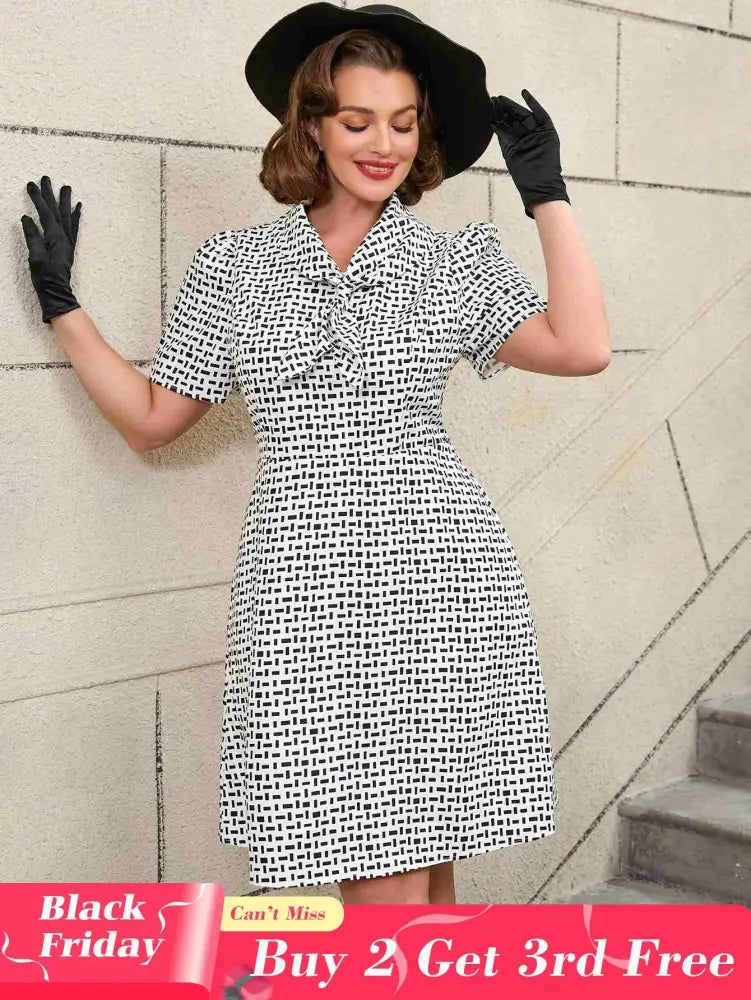 AOMEIDRESS White Short Sleeve A Line Mini Dress with Tie Neck White / S Printed Dresses