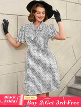 AOMEIDRESS White Short Sleeve A Line Mini Dress with Tie Neck White / S Printed Dresses