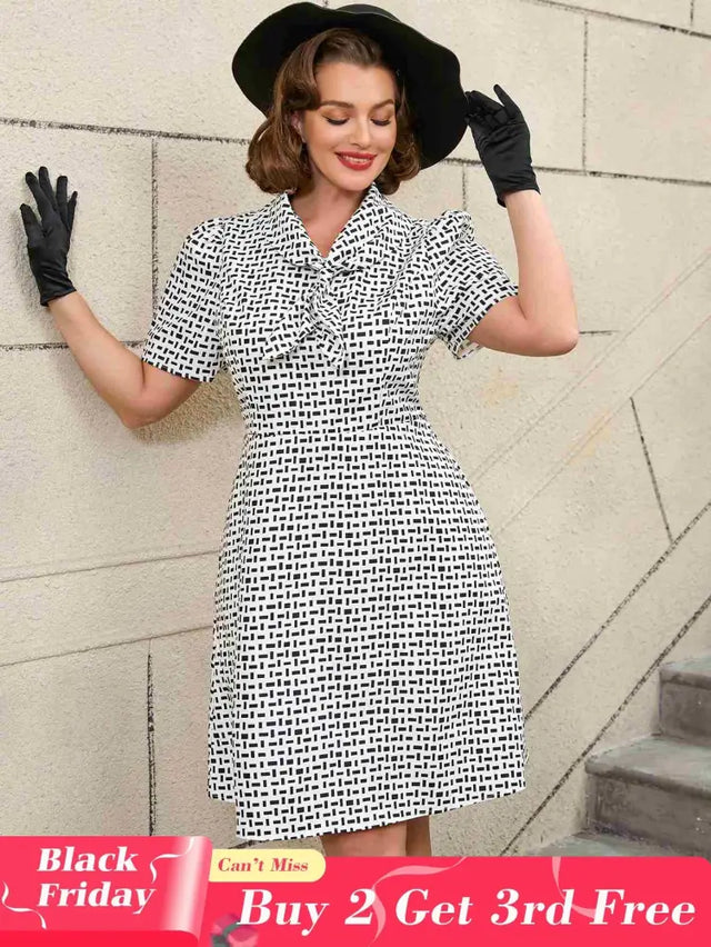 AOMEIDRESS White Short Sleeve A Line Mini Dress with Tie Neck White / S Printed Dresses