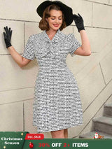 AOMEIDRESS White Short Sleeve A Line Mini Dress with Tie Neck White / S Printed Dresses