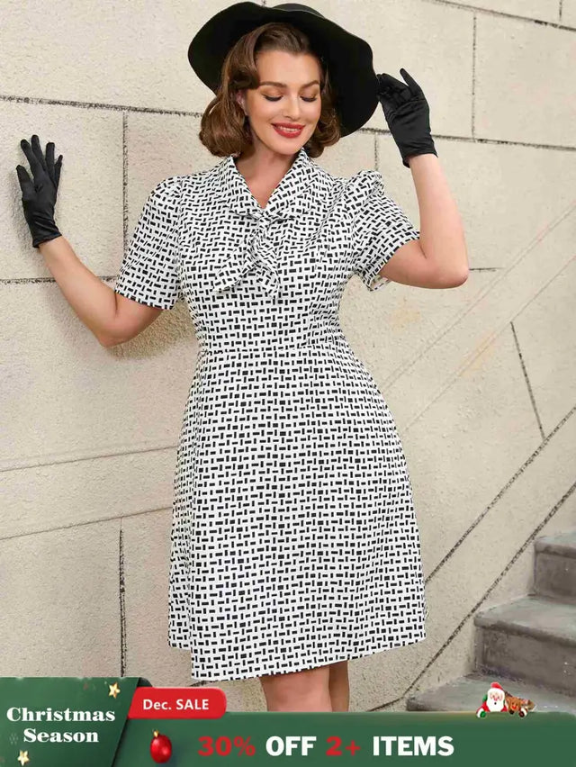 AOMEIDRESS White Short Sleeve A Line Mini Dress with Tie Neck White / S Printed Dresses