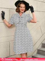 AOMEIDRESS White Short Sleeve A Line Mini Dress with Tie Neck White / S Printed Dresses