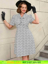 AOMEIDRESS White Short Sleeve A Line Mini Dress with Tie Neck White / S Printed Dresses