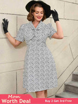 AOMEIDRESS White Short Sleeve A Line Mini Dress with Tie Neck White / S Printed Dresses