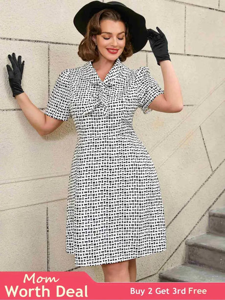 AOMEIDRESS White Short Sleeve A Line Mini Dress with Tie Neck White / S Printed Dresses