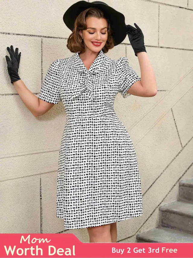 AOMEIDRESS White Short Sleeve A Line Mini Dress with Tie Neck White / S Printed Dresses