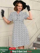 AOMEIDRESS White Short Sleeve A Line Mini Dress with Tie Neck White / S Printed Dresses