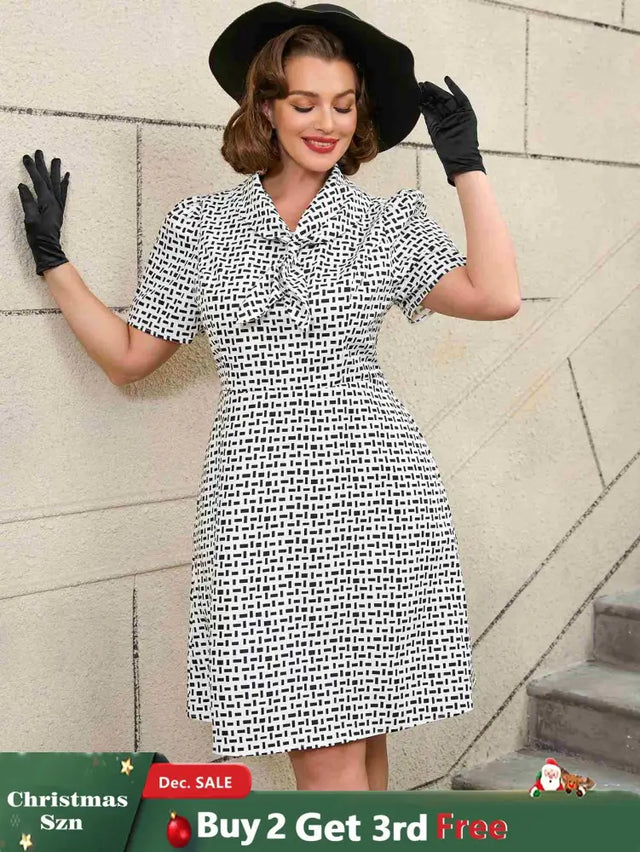 AOMEIDRESS White Short Sleeve A Line Mini Dress with Tie Neck White / S Printed Dresses