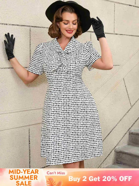 AOMEIDRESS White Short Sleeve A Line Mini Dress with Tie Neck White / S Printed Dresses