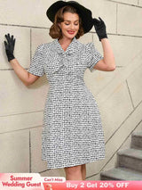 AOMEIDRESS White Short Sleeve A Line Mini Dress with Tie Neck White / S Printed Dresses