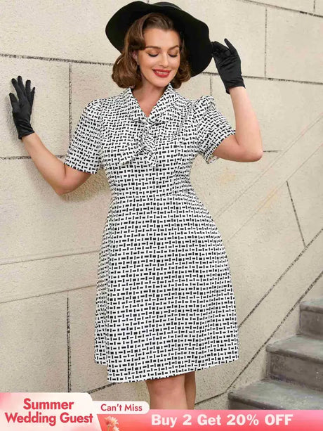 AOMEIDRESS White Short Sleeve A Line Mini Dress with Tie Neck White / S Printed Dresses