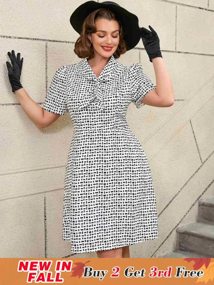AOMEIDRESS White Short Sleeve A Line Mini Dress with Tie Neck White / S Printed Dresses